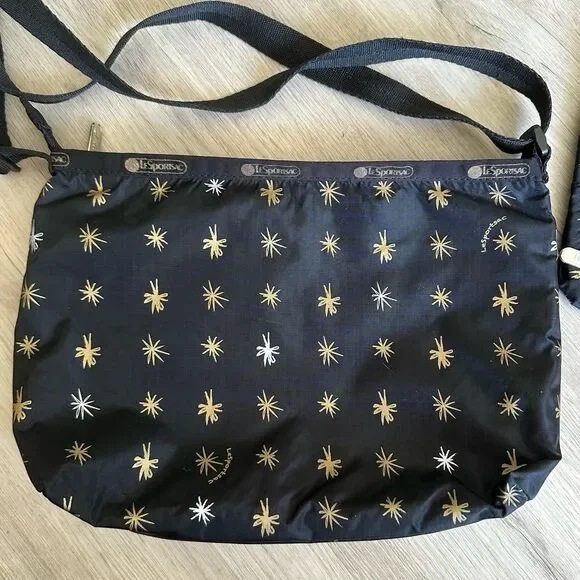 LeSportSac Crossbody Purse & Bag Set Starlet Print Black Metallic Freehand Stars - Picture 5 of 10